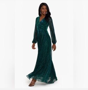Betsy & Adam Metallic Long Sleeve Emerald Evening Dress Sz 6 Wedding Guest Dress